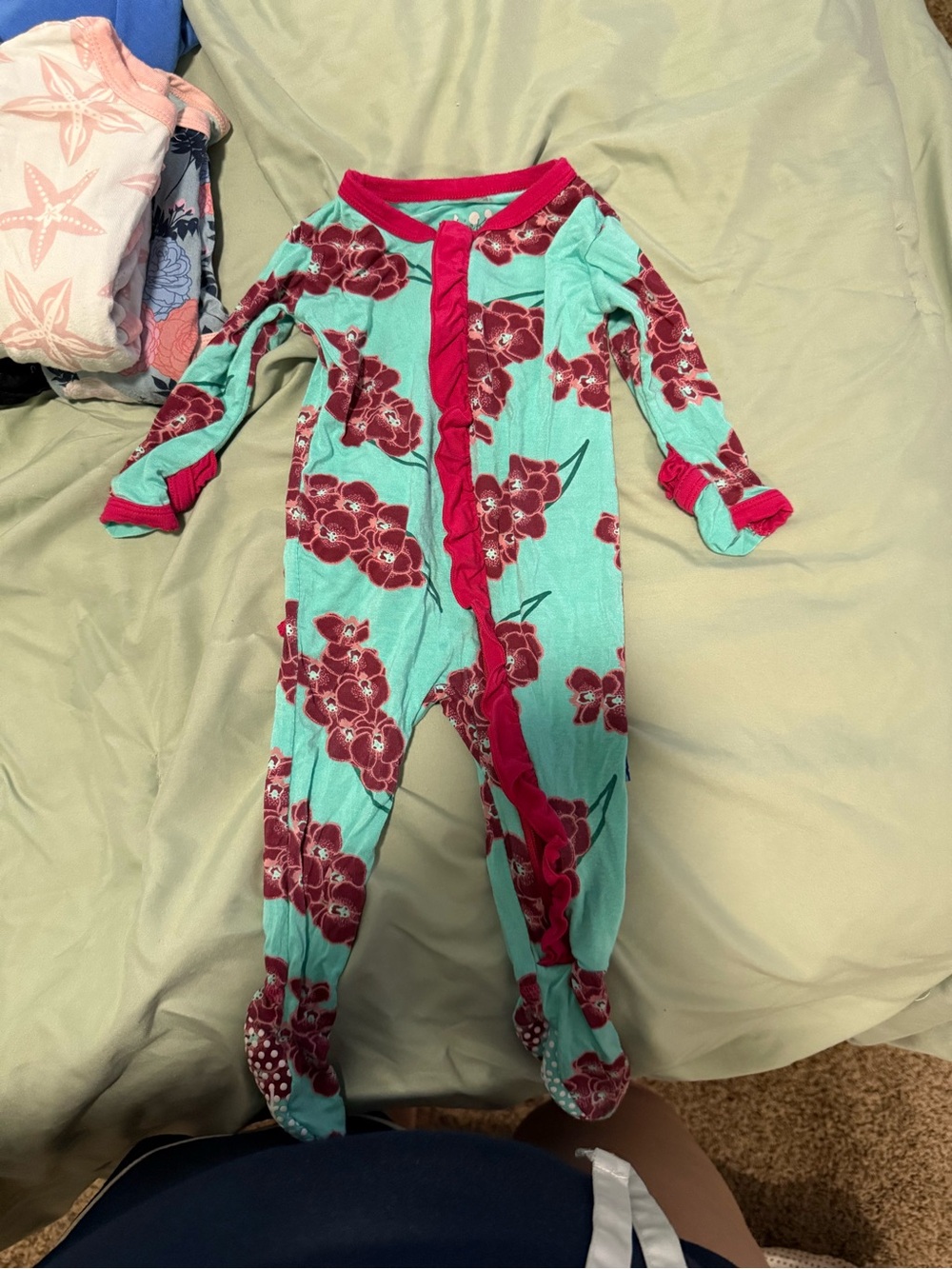 Kickee Pants Aqua Floral Footed One-Piece with Raspberry Trim